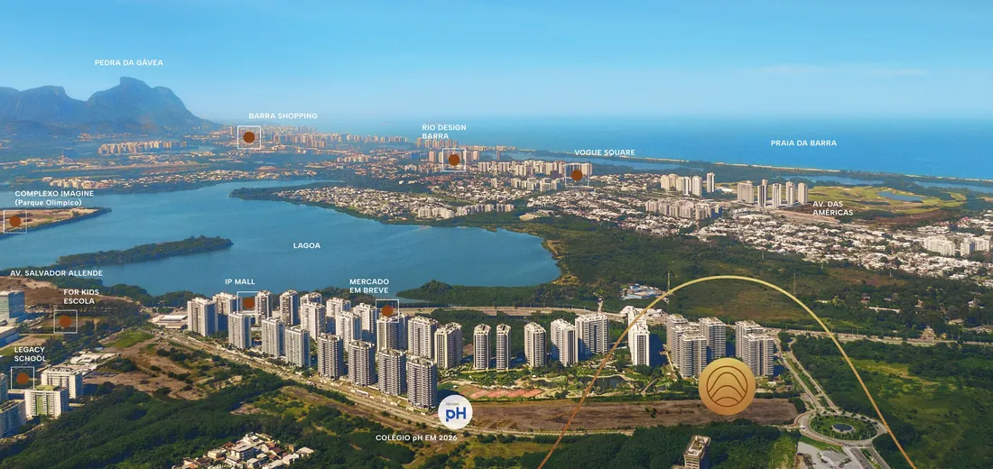 Vista aérea do bairro Ilha Pura com a localização do ORO Ilha Pura by Ornare, a Lagoa, a Pedra da Gávea e a Praia da Barra