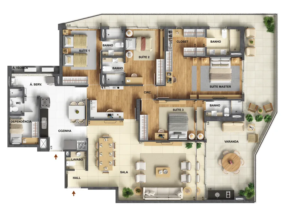 Planta do apartamento de 4 suítes com 227,12 m² do ORO Ilha Pura by Ornare, edifícios Anillo e Alianza